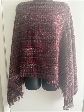 NWT C-Mode Pullover Fall Preppy Fringed Red Plaid Knit Poncho SZ OS